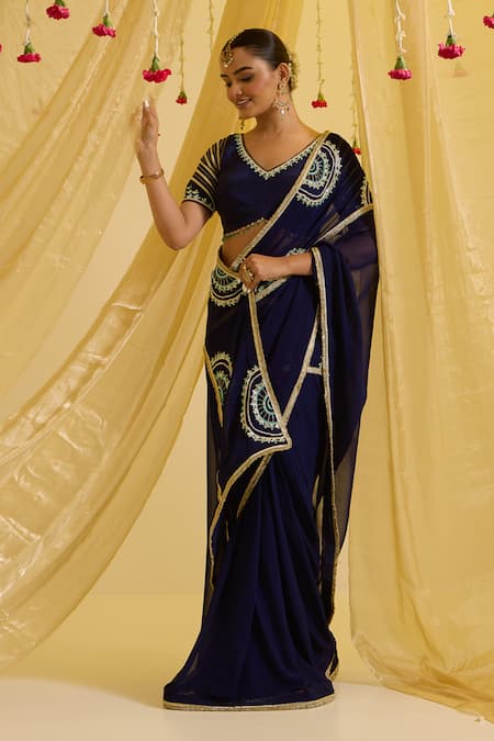 Shop Sonal Pasrija Blue Silk, Georgette, Crepe Beads, Floral Hand Pre-draped Saree With Blouse Online at Aza Fashions Shop_Sonal Pasrija_Blue Silk, Georgette, Crepe Beads, Floral Hand Pre-draped Saree With Blouse _Online_at_Aza_Fashions