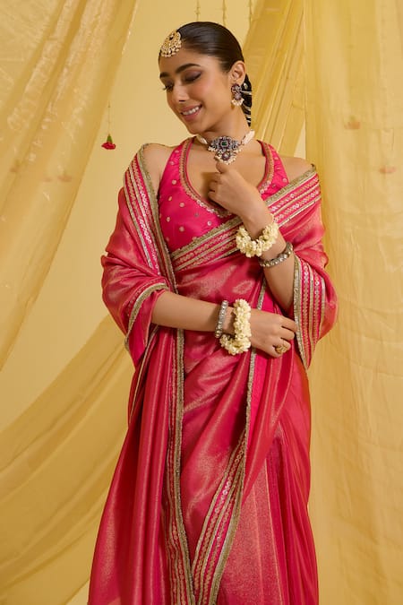 Sonal Pasrija_Fuchsia , Satin, Crepe Embroidered Hem Pre-draped Saree With Blouse _Online_at_Aza_Fashions