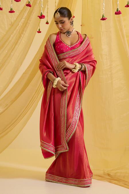 Buy_Sonal Pasrija_Fuchsia , Satin, Crepe Embroidered Hem Pre-draped Saree With Blouse _Online_at_Aza_Fashions