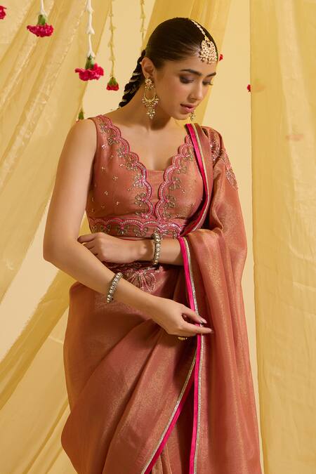Sonal Pasrija_Brown Silk, Crepe Embroidery V-neck Placement Pre-draped Saree With Blouse _Online_at_Aza_Fashions
