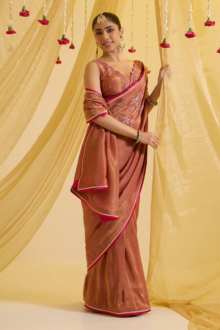 Buy_Sonal Pasrija_Brown Silk, Crepe Embroidery V-neck Placement Pre-draped Saree With Blouse _Online_at_Aza_Fashions