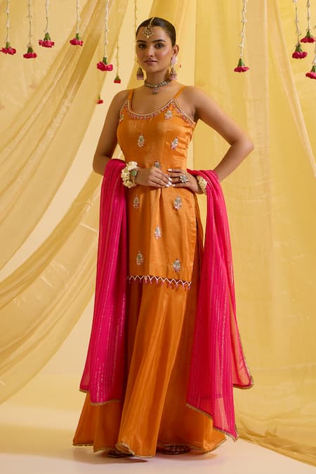 Sonal Pasrija_Orange Lurex, Silk, Crepe, Chiffon Embroidery, Floral Butti Kurta Sharara Set _Online_at_Aza_Fashions