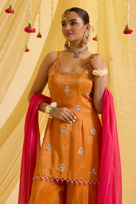 Buy_Sonal Pasrija_Orange Lurex, Silk, Crepe, Chiffon Embroidery, Floral Butti Kurta Sharara Set _Online_at_Aza_Fashions
