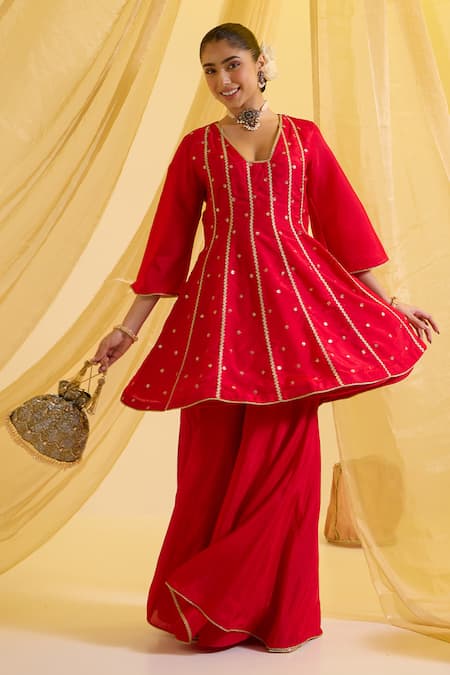 Sonal Pasrija Red Silk, Net, Crepe Embroidery V-neck Anarkali Sharara Set Online at Aza Fashions Sonal Pasrija_Red Silk, Net, Crepe Embroidery V-neck Anarkali Sharara Set _Online_at_Aza_Fashions
