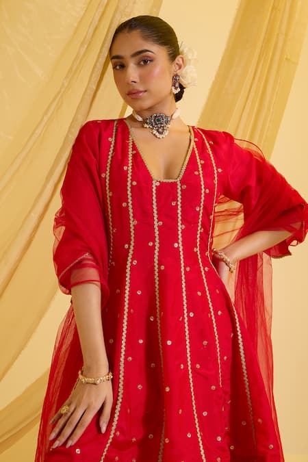 Buy Sonal Pasrija Red Silk, Net, Crepe Embroidery V-neck Anarkali Sharara Set Online at Aza Fashions Buy_Sonal Pasrija_Red Silk, Net, Crepe Embroidery V-neck Anarkali Sharara Set _Online_at_Aza_Fashions