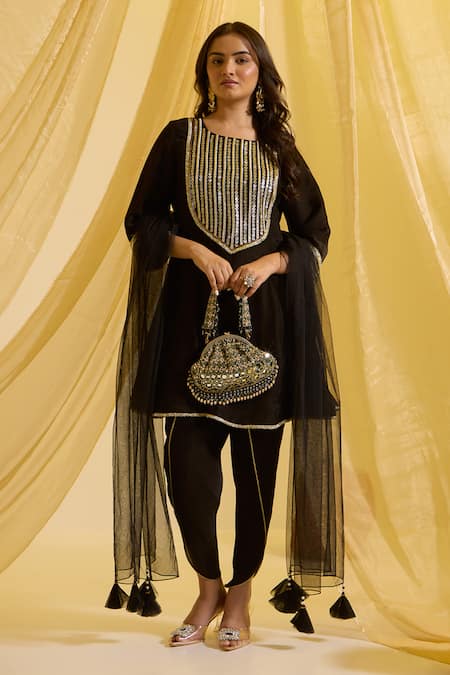 Sonal Pasrija Black Silk Embroidered Tassel Round Yoke Anarkali Tulip Pant Set 