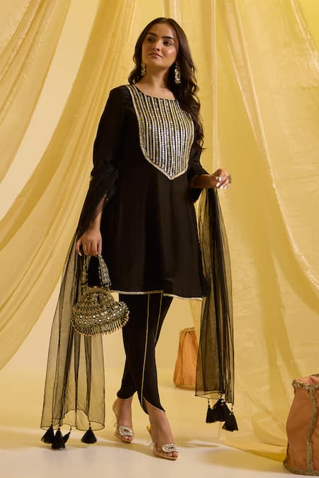 Sonal Pasrija Black Silk, Net, Crepe Tassels Round Embroidered Yoke Anarkali Tulip Pant Set Online at Aza Fashions Sonal Pasrija_Black Silk, Net, Crepe Tassels Round Embroidered Yoke Anarkali Tulip Pant Set _Online_at_Aza_Fashions