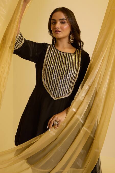 Buy Sonal Pasrija Black Silk, Net, Crepe Tassels Round Embroidered Yoke Anarkali Tulip Pant Set Online at Aza Fashions Buy_Sonal Pasrija_Black Silk, Net, Crepe Tassels Round Embroidered Yoke Anarkali Tulip Pant Set _Online_at_Aza_Fashions