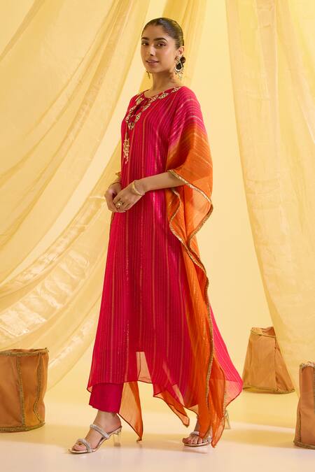 Sonal Pasrija_Fuchsia Silk, Lurex, Crepe Embroidery Round Neck Zari Kaftan With Pant _Online_at_Aza_Fashions