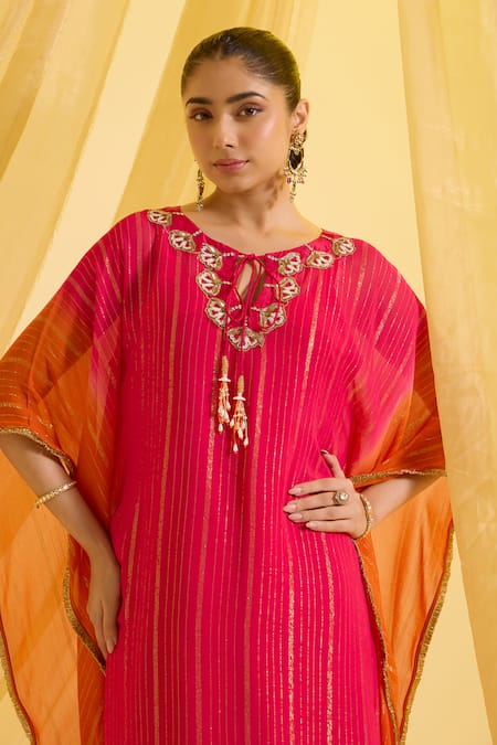 Buy_Sonal Pasrija_Fuchsia Silk, Lurex, Crepe Embroidery Round Neck Zari Kaftan With Pant _Online_at_Aza_Fashions