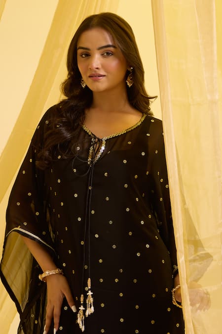 Buy_Sonal Pasrija_Black Silk, Georgette, Crepe Tassels Round Hand Embroidered Kaftan With Pant _Online_at_Aza_Fashions