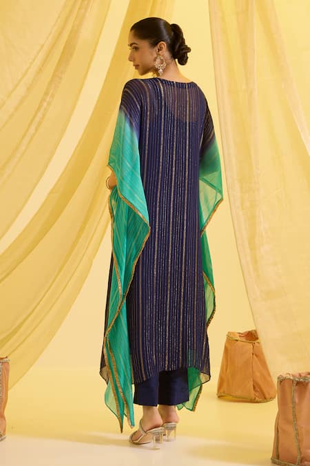 Shop_Sonal Pasrija_Blue Silk, Lurex, Crepe Tassels Keyhole Neck Ombre Striped Kaftan Pant Set _at_Aza_Fashions