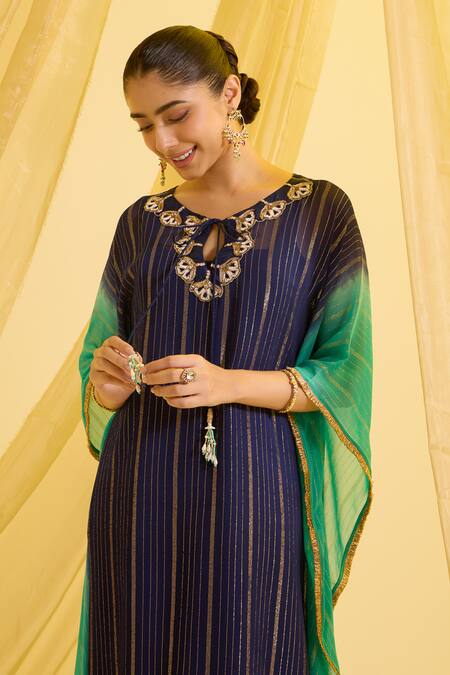 Sonal Pasrija_Blue Silk, Lurex, Crepe Tassels Keyhole Neck Ombre Striped Kaftan Pant Set _Online_at_Aza_Fashions
