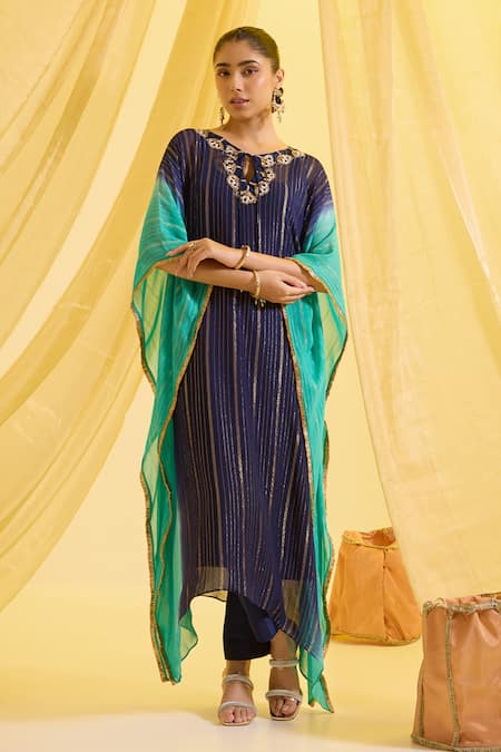 Buy_Sonal Pasrija_Blue Silk, Lurex, Crepe Tassels Keyhole Neck Ombre Striped Kaftan Pant Set _Online_at_Aza_Fashions