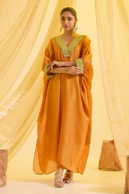 Sonal Pasrija_Orange , Crepe, Organza Embroidery Gota Lace Border Kaftan Pant Set _Online_at_Aza_Fashions