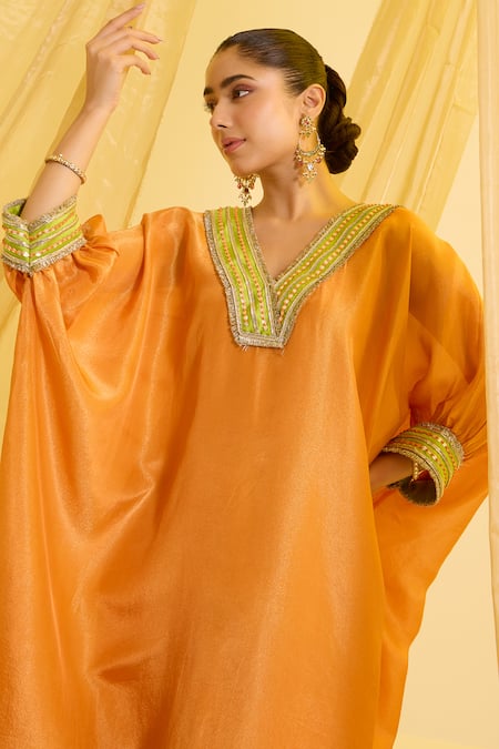 Buy_Sonal Pasrija_Orange , Crepe, Organza Embroidery Gota Lace Border Kaftan Pant Set _Online_at_Aza_Fashions