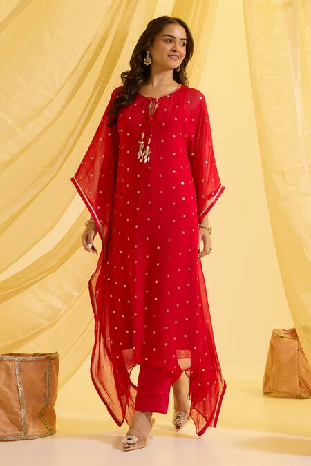 Sonal Pasrija_Red Silk, Georgette, Crepe Sequins, Zari Round Butti Embroidered Kaftan Pant Set _Online_at_Aza_Fashions