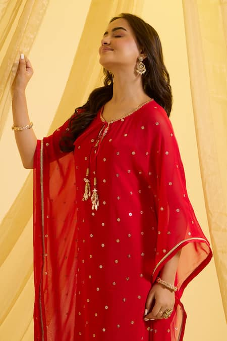 Buy_Sonal Pasrija_Red Silk, Georgette, Crepe Sequins, Zari Round Butti Embroidered Kaftan Pant Set _Online_at_Aza_Fashions