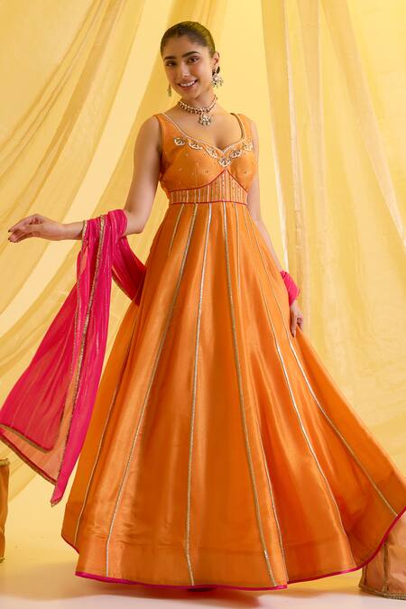 Sonal Pasrija_Orange Lurex, Silk, Crepe Embroidery, Sequins, Zari Anarkali With Dupatta _Online_at_Aza_Fashions