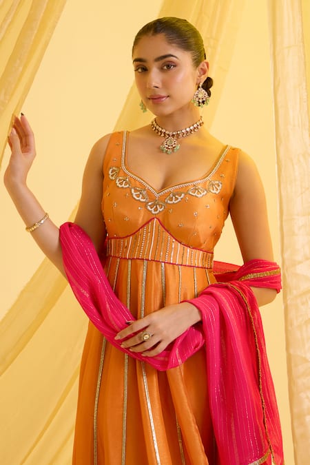 Buy_Sonal Pasrija_Orange Lurex, Silk, Crepe Embroidery, Sequins, Zari Anarkali With Dupatta _Online_at_Aza_Fashions