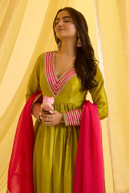 Sonal Pasrija_Green Organza, Silk, Crepe Embroidery, Gota Lace Border Anarkali With Dupatta _Online_at_Aza_Fashions