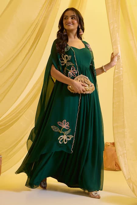 Buy Sonal Pasrija Green Organza, Georgette, Crepe Sequins, Floral Embroidered Cape With Anarkali Online at Aza Fashions Buy_Sonal Pasrija_Green Organza, Georgette, Crepe Sequins, Floral Embroidered Cape With Anarkali _Online_at_Aza_Fashions
