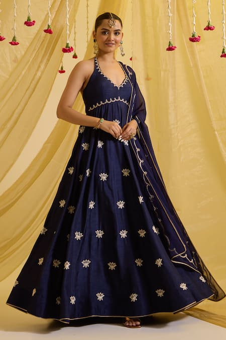 Sonal Pasrija Blue Silk Embroidered Sequin Halter Neck Lotus Anarkali With Dupatta 