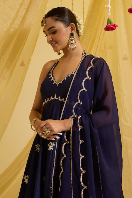 Buy_Sonal Pasrija_Blue Silk, Organza, Crepe Sequins, Beads, Zari, Lotus Anarkali With Dupatta _Online_at_Aza_Fashions