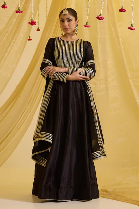 Sonal Pasrija Black Silk, Organza, Crepe Embroidery, Sequins, Blossom Anarkali With Dupatta Online at Aza Fashions Sonal Pasrija_Black Silk, Organza, Crepe Embroidery, Sequins, Blossom Anarkali With Dupatta _Online_at_Aza_Fashions