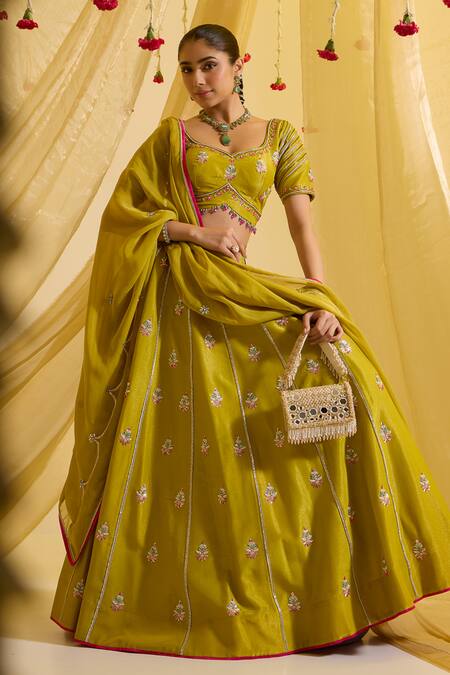 Sonal Pasrija Green Organza, Silk, Crepe Sequins, Beads, Floral Butti Zari Lehenga Set Online at Aza Fashions Sonal Pasrija_Green Organza, Silk, Crepe Sequins, Beads, Floral Butti Zari Lehenga Set _Online_at_Aza_Fashions