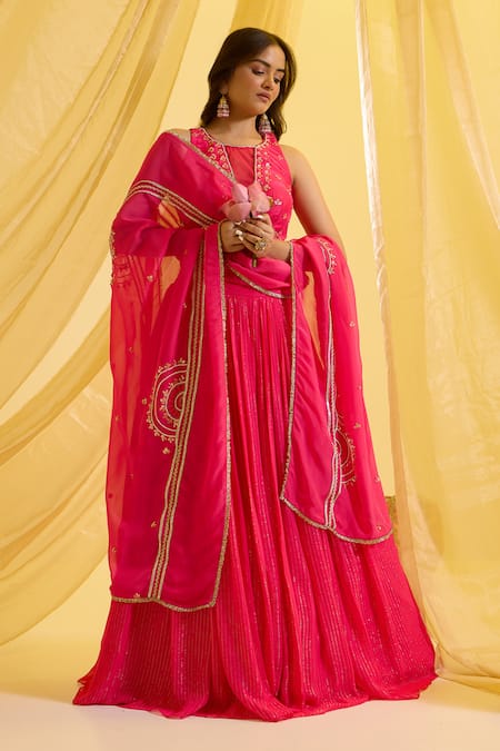 Buy_Sonal Pasrija_Fuchsia Silk, Organza, Lurex Striped Lehenga Set With Embroidered Blouse _Online_at_Aza_Fashions