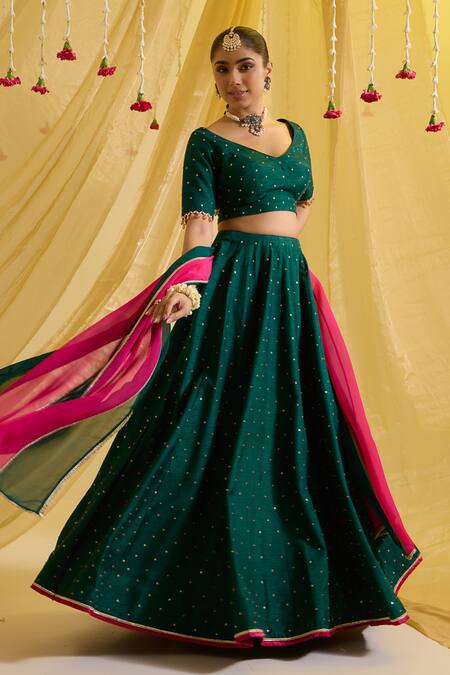 Sonal Pasrija Green Silk, Organza, Crepe Sequins, Beads Sweetheart Floral Scatter Lehenga Set Online at Aza Fashions Sonal Pasrija_Green Silk, Organza, Crepe Sequins, Beads Sweetheart Floral Scatter Lehenga Set _Online_at_Aza_Fashions