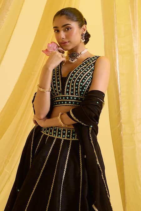 Buy_Sonal Pasrija_Black Silk, Organza, Crepe Sequins, Beads Zari Embroidered Lehenga Set _Online_at_Aza_Fashions