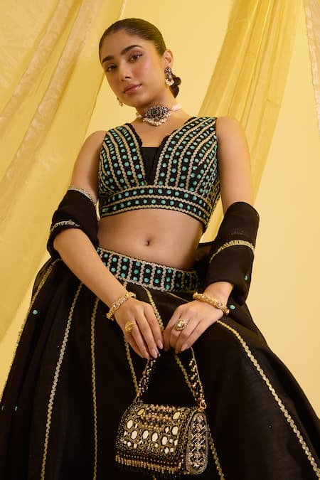 Shop_Sonal Pasrija_Black Silk, Organza, Crepe Sequins, Beads Zari Embroidered Lehenga Set _Online_at_Aza_Fashions