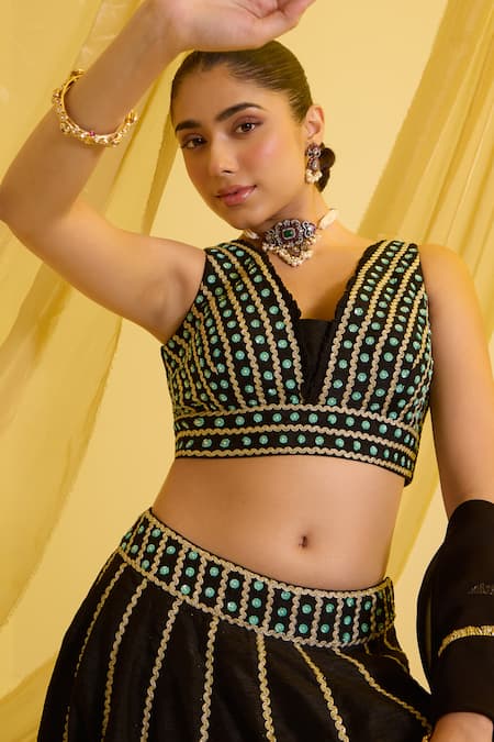 Sonal Pasrija_Black Silk, Organza, Crepe Sequins, Beads Zari Embroidered Lehenga Set _at_Aza_Fashions