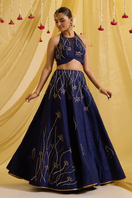 Sonal Pasrija Blue Silk, Organza, Net Sequins, Beads Floral Vine Embroidered Lehenga Set Online at Aza Fashions Sonal Pasrija_Blue Silk, Organza, Net Sequins, Beads Floral Vine Embroidered Lehenga Set _Online_at_Aza_Fashions
