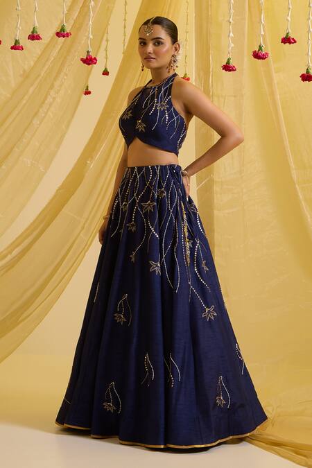 Shop Sonal Pasrija Blue Silk, Organza, Net Sequins, Beads Floral Vine Embroidered Lehenga Set Online at Aza Fashions Shop_Sonal Pasrija_Blue Silk, Organza, Net Sequins, Beads Floral Vine Embroidered Lehenga Set _Online_at_Aza_Fashions