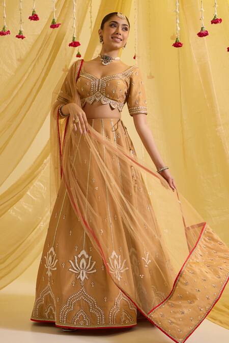 Sonal Pasrija_Beige Organza, Crepe, Silk Beads, Sequins Lotus Zari Embroidered Lehenga Set _Online_at_Aza_Fashions