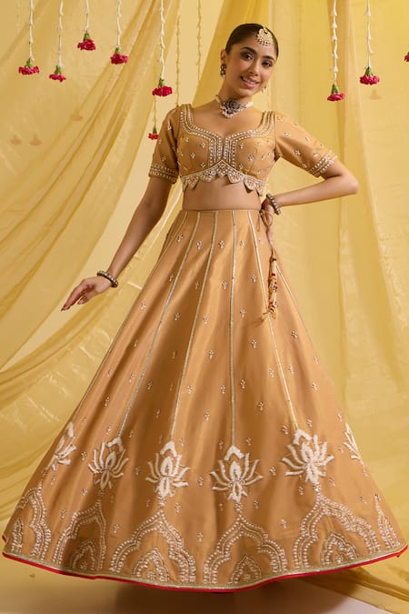 Buy_Sonal Pasrija_Beige Organza, Crepe, Silk Beads, Sequins Lotus Zari Embroidered Lehenga Set _Online_at_Aza_Fashions