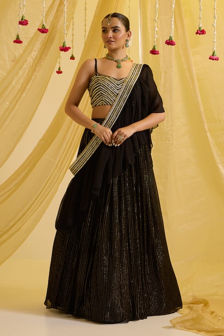 Sonal Pasrija Black Silk, Georgette, Lurex, Crepe Striped Lehenga Set With Embroidered Blouse Online at Aza Fashions Sonal Pasrija_Black Silk, Georgette, Lurex, Crepe Striped Lehenga Set With Embroidered Blouse _Online_at_Aza_Fashions