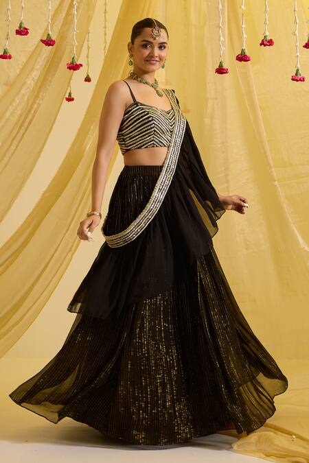 Buy Sonal Pasrija Black Silk, Georgette, Lurex, Crepe Striped Lehenga Set With Embroidered Blouse Online at Aza Fashions Buy_Sonal Pasrija_Black Silk, Georgette, Lurex, Crepe Striped Lehenga Set With Embroidered Blouse _Online_at_Aza_Fashions