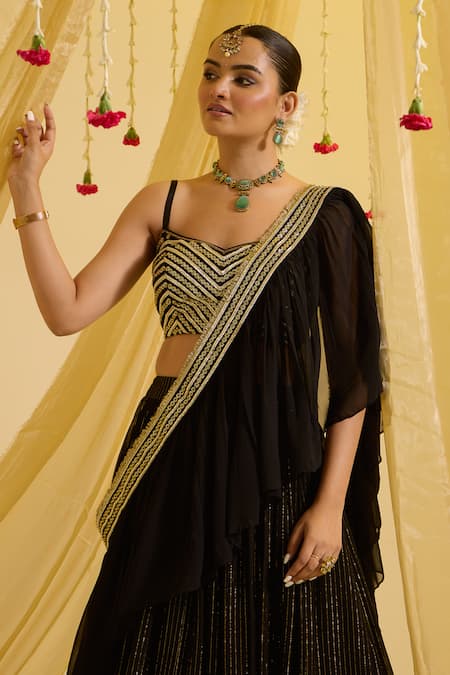 Shop Sonal Pasrija Black Silk, Georgette, Lurex, Crepe Striped Lehenga Set With Embroidered Blouse Online at Aza Fashions Shop_Sonal Pasrija_Black Silk, Georgette, Lurex, Crepe Striped Lehenga Set With Embroidered Blouse _Online_at_Aza_Fashions