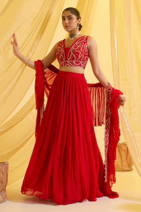 Sonal Pasrija_Red Silk, Georgette, Linen Sequins, Plain Lehenga Set With Embroidered Blouse _Online_at_Aza_Fashions