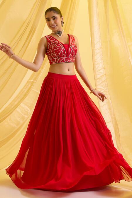 Shop_Sonal Pasrija_Red Silk, Georgette, Linen Sequins, Plain Lehenga Set With Embroidered Blouse _Online_at_Aza_Fashions