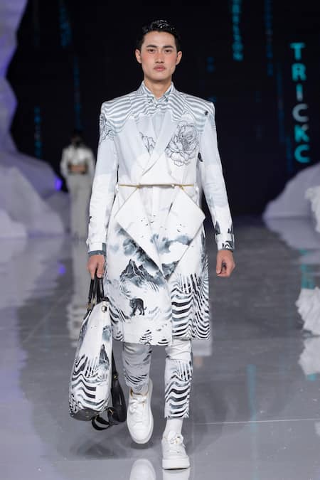 Shop MR. Ajay Kumar White Cotton Satin Lycra Printed Himalaya Hindkush Trench Coat at Aza Fashions Shop_MR. Ajay Kumar_White Cotton Satin Lycra Printed Himalaya Hindkush Trench Coat _at_Aza_Fashions