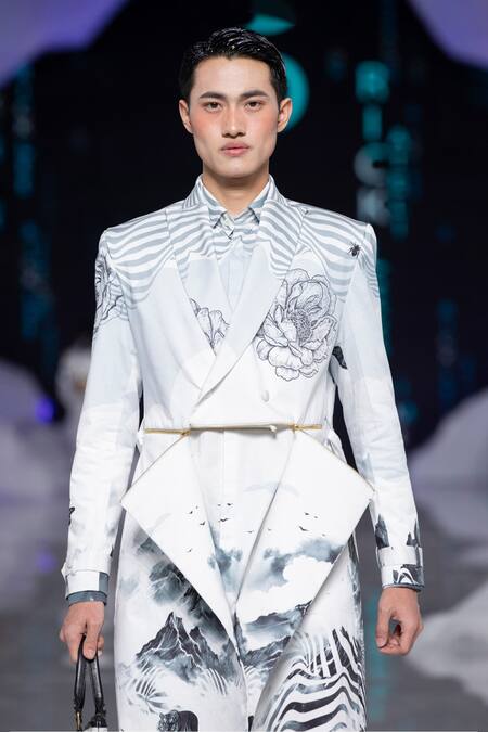 MR. Ajay Kumar White Cotton Satin Lycra Printed Himalaya Hindkush Trench Coat Online at Aza Fashions MR. Ajay Kumar_White Cotton Satin Lycra Printed Himalaya Hindkush Trench Coat _Online_at_Aza_Fashions