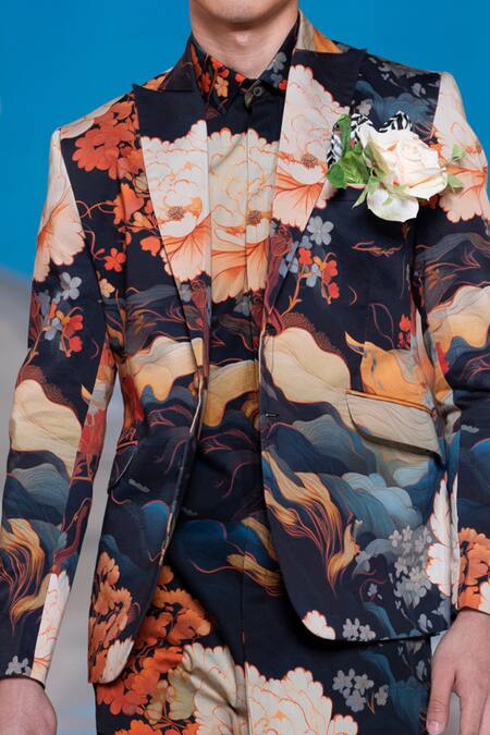 MR. Ajay Kumar Multi Color Cotton Satin, Lycra Nilgiri Printed Single Breasted Blazer Online at Aza Fashions MR. Ajay Kumar_Multi Color Cotton Satin, Lycra Nilgiri Printed Single Breasted Blazer _Online_at_Aza_Fashions