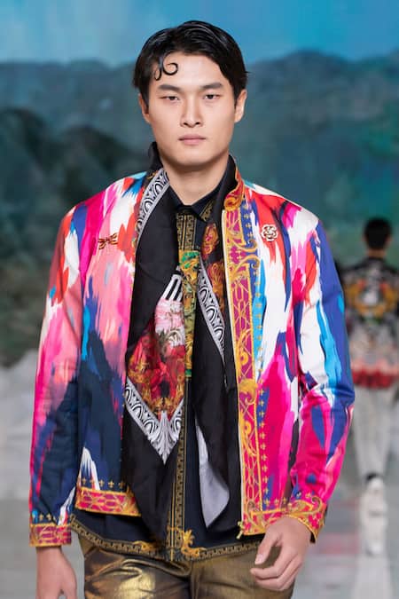Shop MR. Ajay Kumar Pink Cotton Satin Lycra Printed Abstract Ikat Thetys Bomber Jacket at Aza Fashions Shop_MR. Ajay Kumar_Pink Cotton Satin Lycra Printed Abstract Ikat Thetys Bomber Jacket _at_Aza_Fashions