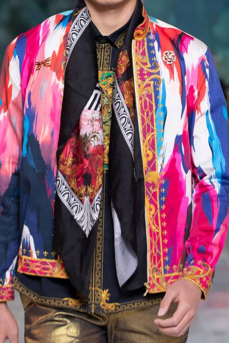 MR. Ajay Kumar Pink Cotton Satin Lycra Printed Abstract Ikat Thetys Bomber Jacket Online at Aza Fashions MR. Ajay Kumar_Pink Cotton Satin Lycra Printed Abstract Ikat Thetys Bomber Jacket _Online_at_Aza_Fashions