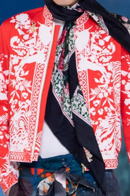 MR. Ajay Kumar Red Cotton Satin Lycra Printed Himalayan Floral Bomber Jacket Online at Aza Fashions MR. Ajay Kumar_Red Cotton Satin Lycra Printed Himalayan Floral Bomber Jacket _Online_at_Aza_Fashions